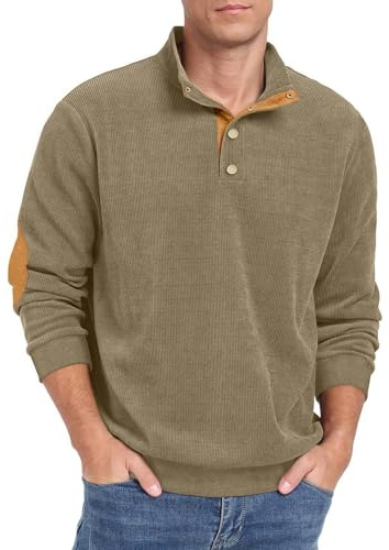 Hisir Sudadera para hombre, polo, cuello alto, manga larga, cuello en V, camiseta funcional, sudadera sin capucha con botones de presión, jersey de invierno, ropa de calle, otoño e invierno, Verde