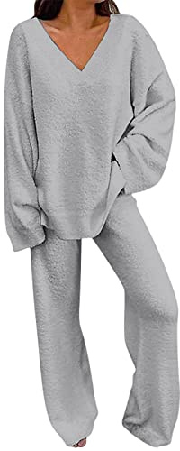 Conjunto de punto para mujer de dos piezas de talla grande - Traje de ocio de invierno de manga larga para mujer - Jogging de algodón de pierna ancha, ropa de estar por casa, conjunto de pantalón