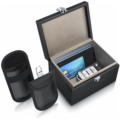 CSL - Keyless Go Schutz Box - NFC RFID Faraday Box, Abschirmung Blocking Autoschlüssel, inkl. 2X Schlüsselstaschen Hüllen - Safe Box gegen Cyber Kriminalität und Hackerangriffen