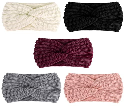 AOPRIE Winter Headbands for Women Girls Ear Warmers for Women Ear Covers for Cold Weather Knit Wide Thick headbands for Women Girls Gray Black Red Pink White, 5 Pack