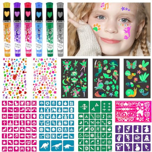 Tatuaggi Bambina, Pennarelli Glitter Tatuaggi per Bambini con 6 Penne Glitter, 148 Stampo Disegnare, 230 Perline Colorate, 47 Tatuaggi Luminosi Bambini, Tattoo Truccabimbi, Regalo Bambina 3 4 5 6 Anni
