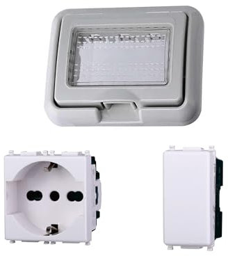 Kit placa caja 503 premontada IP55, enchufe Schuko P40 universal + interruptor, compatible con Vimar Plana, placa estanca Idrobox empotrable de exterior