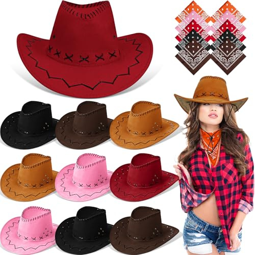MALLOOM 10 Ensembles Chapeau de Cowboy et Bandana pour Femmes et Hommes, 10 Chapeaux de Cowgirl Cowboy, 10 Bandanas Western, Accessoires de Déguisement Adulte pour Fête à Thème