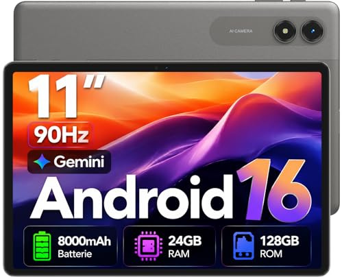 Tablet 11 Pulgadas Android 16 con Gemini AI, 24GB RAM 128GB ROM, Pantalla 90Hz Protección Ocular TÜV, Batería 8000mAh OTG, Tableta para Estudiantes, Adultos y Niños, 4 Años Garantía