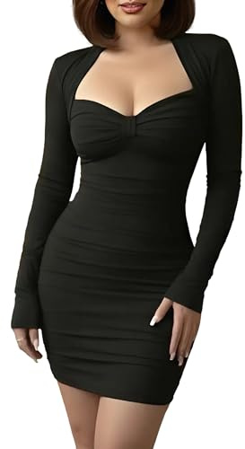 AMABILEMIA Vestito Donna Elegante Nero Corto Miniabito Sexy Invernale a Maniche Lunghe Tubino da Sera Aderente Inverno AM225 (IT, Testo, M, Regular, Regular, Nero)