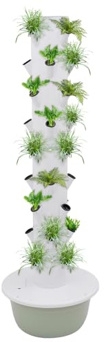 DWIKRYT Tour de culture hydroponique verticale à 36 trous avec réservoir d'eau et paniers de plantation pour herbes, fruits et légumes d'intérieur (blanc vert)