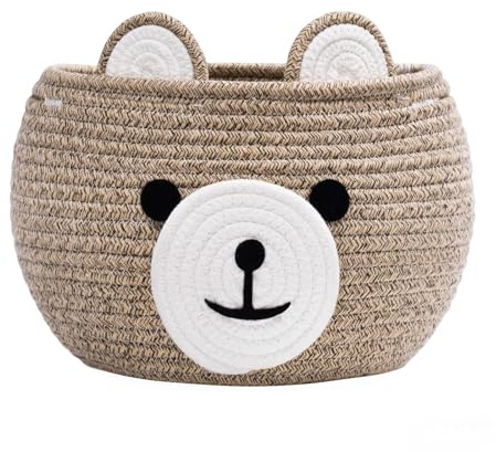 Bear Baby Storage Basket - Foldable Cotton Rope Toy Organizer, Laundry Baby Washing Basket with Handle, Large Storage Container for Kids, Bear Rope Baskets, 10.5 D x 8.5 H, (Light Khaki)