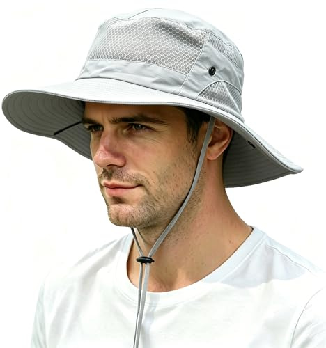 Bigoco Cappello da Pescatore Uomo Anti-UV UPF 50+, Cappello da Sole Donna Impermeabile Pieghevole con Rete Traspirante, Cappello da Pesca Safari Trekking a Tesa Larga con Sottogola Regolabile