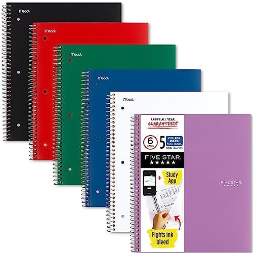 Five Star Spiral Notebook, 5 Subject, College Ruled Paper, 200 Sheets, 11 x 8-1/2, Assorted Colors, Color Will Vary, 6 Pack (73793)
