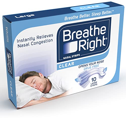 Breathe Right Clear Large 10 Pieces, Nasal Strips for Snoring, Nose Strips for Breathing, Blocked Nose Relief, Drug-free Snoring Aid for Men and Women, Packaging may vary