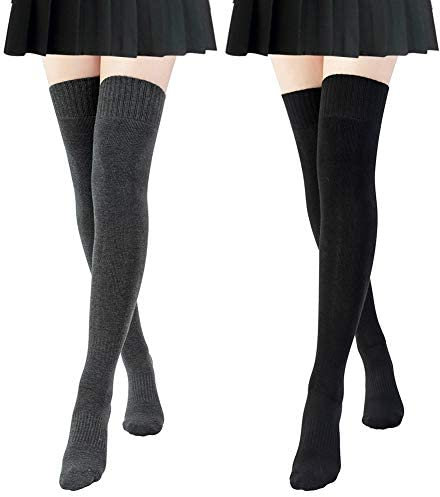 Chalier Cozy 2 Paar Kniestrümpfe Damen Overknee Strümpfe Socks Oberschenkel hohe Einfarbige Stiefelstrümpfe Klassische Lange Socken Retro Knitting Wintersocken Schwarz + Dunkelgrau