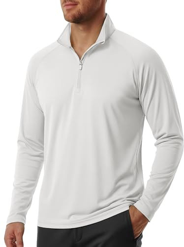 Men's UPF 50+ Sun Protective Quarter Zip Long Sleeve Outdoor Shirt for Hiking, Fishing - White