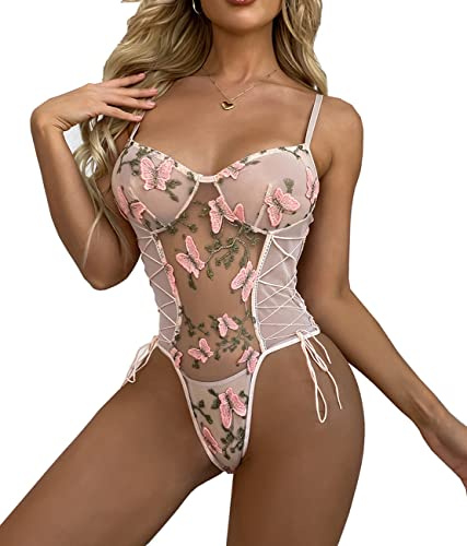 marysgift Lingerie Set Bodysuit Spaghetti Straps Nightwear Lace Underwear Babydoll for Women See Through Corset Style Leotard Pink XL UK 12 14