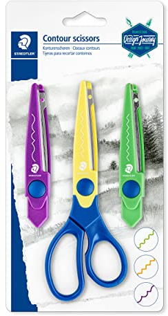 STAEDTLER Konturenschere Design Journey, ein Universal-Griff mit drei verschiedenen auswechselbaren Scherblättern, drei verschiedene Schnittmuster, Zickzack, Wellen, Büttenkante, 965-S BK