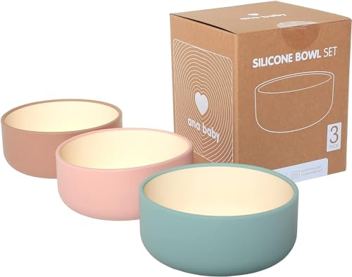 ana baby Confezione da 3 ciotole in silicone in colori pastello, in silicone alimentare e senza BPA, perfette per lo svezzamento, lavabili in lavastoviglie e adatte al microonde