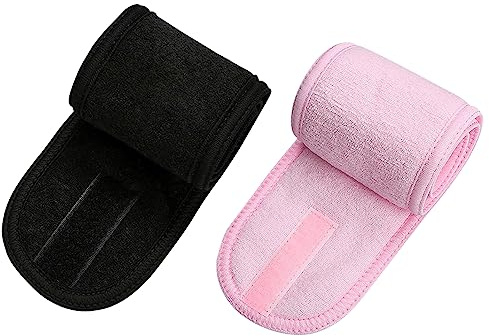 SWYSGS 2 pcs Bandeau Maquillage Cheveux Lavable,Microfibre Spa Bandeau Cheveux Femme Maquillage Cheveux lavableavec Magic Tape pour le bain de maquillage, maquillage et sport-le noir，Rose