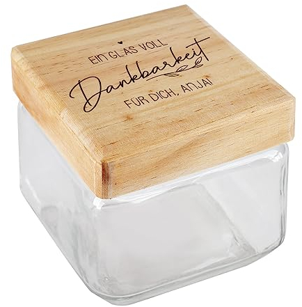 Herz & Heim® Vorratsglas mit Holzdeckel inkl. individuellem Aufdruck Dankbarkeit, 11 cm x 11 cm x 11 cm (B/T/H)