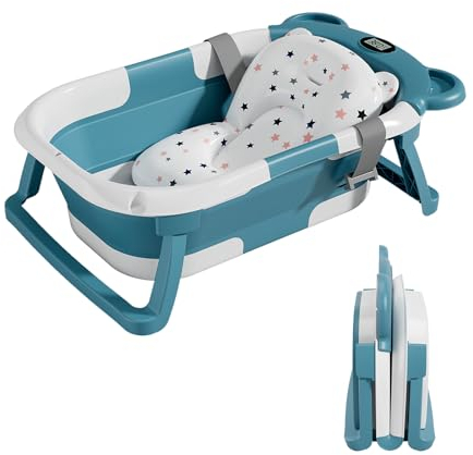 Bañera Plegable Bebé Con Cojín De Baño Antideslizante - Bañera Bebe Plegable Con Termómetro - Asiento bañera Bebe - Desde El Nacimiento Hasta Los 3 Años - Regalos De Nacimiento (VERDE, DINO)