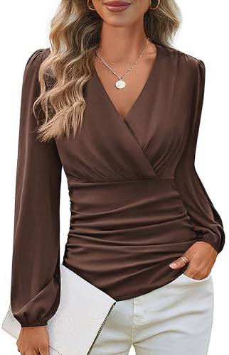 GRACE KARIN Long Sleeve Blouses for Women Dressy Casual, Wrap Tops Work Shirts, 2026 Summer Business Outfits Coffee M