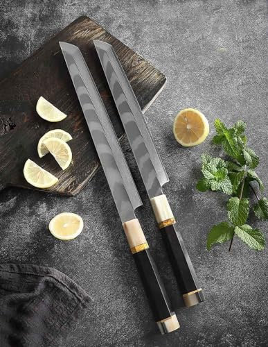 Sakimaru oder Yanagiba Messer Mit achteckigen Ebenholz- und Büffelhorngriff Lachsmesser und Filetmesser für Sushi und Fisch Damast Edelstahl 33 Lagen sehr scharf Set 43 und 39 cm