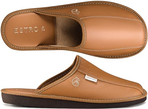 ESTRO Mens Slippers Men House Shoes Leather Home Mule Men's Slipper Memory Sole RUST (10 UK, Gold)