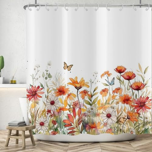 ASDCXZ Blumen Duschvorhang 180x200 cm, Frühling Rot Orange Weiß Bunt Blumen Grün Blätter Schmetterling Bad Waschbar Duschvorhänge Polyester Textil Wasserdicht Badevorhang für Badewanne mit 12 Haken