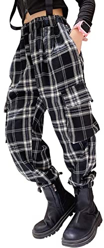 Pantaloni Cargo Ragazze cotone,bambini casual Hip Hop con vita elastica trekking uniforme scolastica jogging 'allenamento sport tempo libero e abbigliamento streetwear(11216 bianco nero,10-12)