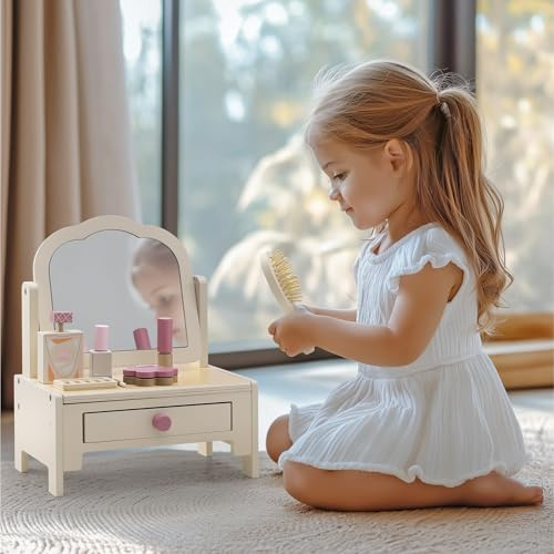 Navaris Coiffeuse Enfant Fille Garcon - Jouet en Bois avec Miroir et Accessoire de Coiffure Faux Maquillage pour Enfants Plus de 3 Ans - Accessoires Vanity Petite Fille Petit Garcon