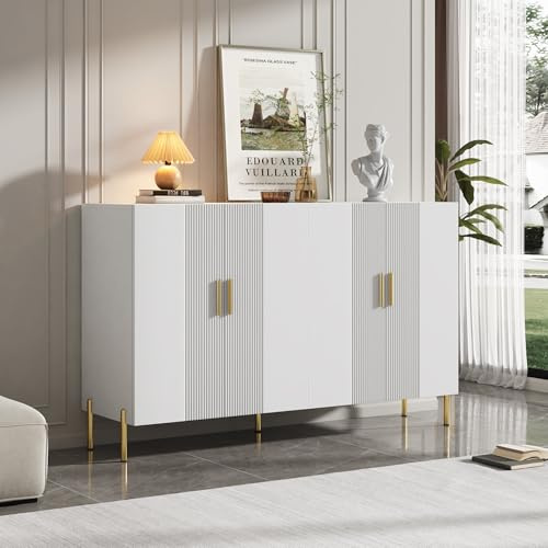 BNUZ Moderno semplice armadio bianco opaco multifunzionale con 4 ante aperte e chiuse, credenza per sala da pranzo con decorazione in oro, 160 x 35 x 100 cm