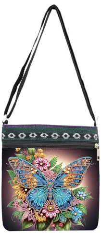 DCIDBEI Diamond Painting Sac à bandoulière pour femme 21 x 22 cm Peinture diamant Images réglable Peinture par numéros Sacs de travail Fleurs Papillon, Noir, xl