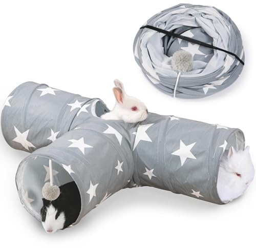 JanYoo Guinea Pig Tunnel 3 Way Guinea Pigs Hideout Foldable Small Animal Hideaway Play Tube Toys for Bunny Rabbit Hedgehogs Hamster Chinchilla Ferret Accessories(Star)