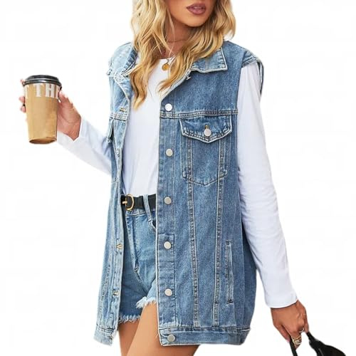 AUKLETBLIEF Veste décontractée classique en denim sans manches pour femme, bleu, S