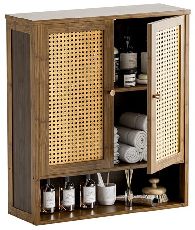 HITNET Badezimmerschrank Wandmontage, Rattan Medizinschrank Hängend mit Regalen und Türen, Bambus Hängeschrank über der Toilette platzsparend, Walnuss