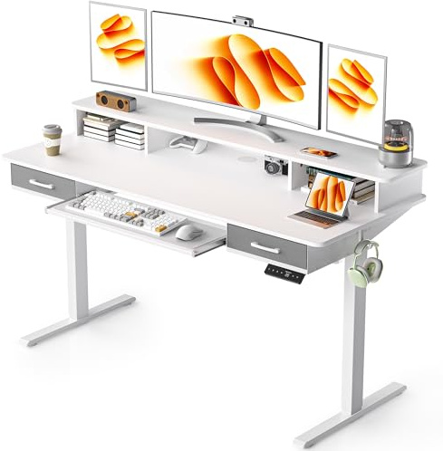 WALKINGDESK Höjdjusterbart Skrivbord med Tangentbordslåda, 160 x 60 cm Elektriskt Datorskrivbord med 2 Lådor, Höj- Och Sänkbart Ståbord med Skärmstativ Ergonomiskt Ståbord, Vit