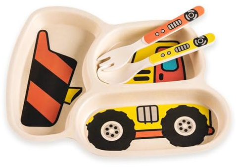 Bulldozer barnservis set, set med 3 bärbara skålar och babytallrikar, inklusive Bulldozer barntallrik, sked och gaffel, BPA-fri, diskmaskinssäker, mikro