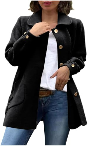 Flodxo Trench-coat d'hiver mi-long en laine pour femme, grande taille, élégant et intelligent, col à revers chaud, veste longue, cardigan boutonné avec poches, Noir , S