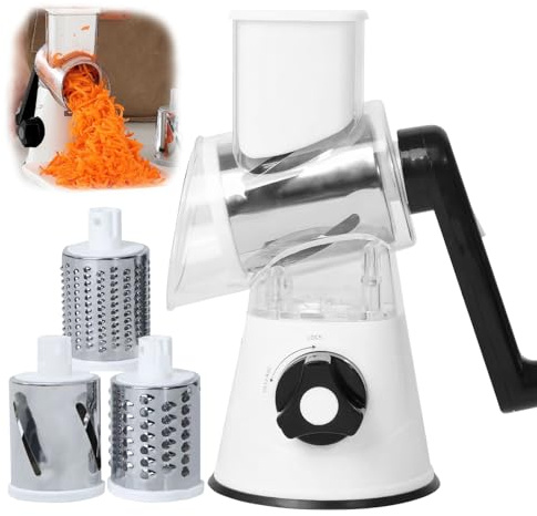 Pmueuff Rallador de Queso, Mandolina de Verdura Manual 3 Cuchillas de Tambor Picadora Rallador Cocina Base de Succión Cortadora de Verduras Multifunctional para Queso Pepino Zanahoria
