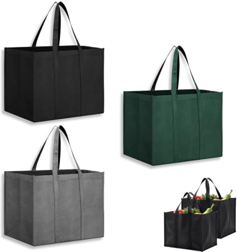 JUGUTA 3 Pcs Sacs D'Épicerie Réutilisables, Sac De Courses Renforcé De Grande Capacité, Sac Fourre-Tout Pliable avec Poignée pour Courses, Camping, Voyage