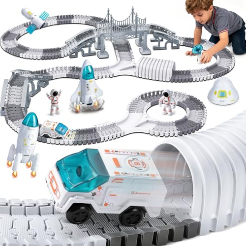Charmofun Autorennbahn Kinder, 322 Stück Weltraum Rennbahn Spielzeug mit Elektroauto, Flexible Autorennbahn mit Raketen und Astronaut, Autobahn Rennstrecke Geschenke für Kinder 3+ Jahre (Weltraum)