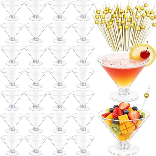 Alaeseje 60 Pcs 5 oz Plastic Martini Glasses with 60 Pcs Cocktail Sticks