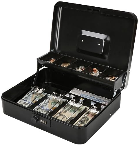 Jssmst Locking Large Metal Cash Box with Money Tray, Money Box with Combination Lock, Black