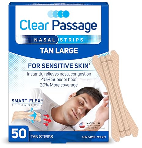 Clear Passage Nasal Strips Large, Tan, 50 ct | Works Instantly to Improve Sleep, Reduce Snoring, & Relieve Nasal Congestion Due to Colds & Allergies