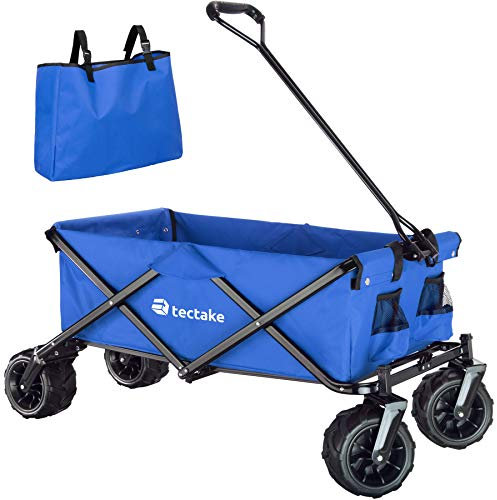 TecTake® Carrito Plegable, Carro Transporte Playa y Jardín, Estructura de Acero, Ruedas Anchas 360° Giratorias, Carretilla de Mano, Plataforma con Ruedas, Carro Jardín Robusto con Bolsillos - Azul
