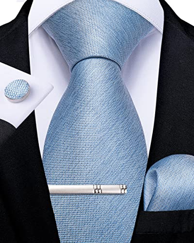 DiBanGu Light Blue Tie Men's Silk Solid Blue Necktie Pocket Square Cufflink Set Business Formal(Size: 150cm)