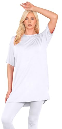 janisramone® Womens Short Sleeve Tunic T Shirts, Round Neck Oversized T Shirts for Women UK, Soft Comfortable Pj Dress, Perfect Summer Longline Ladies Tops White