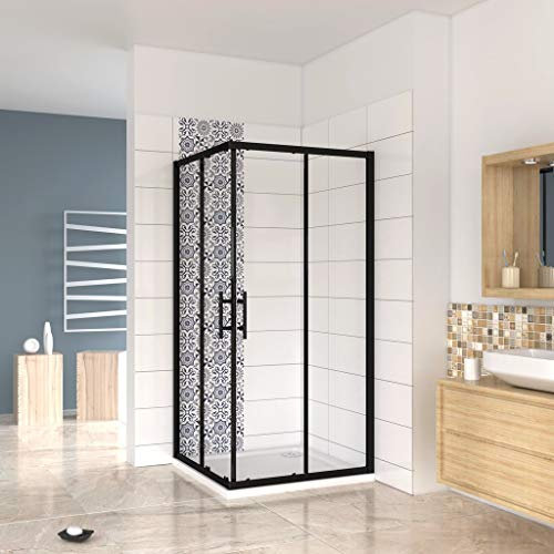 190 cm Box Doccia Angoalre Porte Scorrevoli Vetro Temperato 6 mm Trasparente Anticalcare Telaio Nero Opcao 90x90 cm