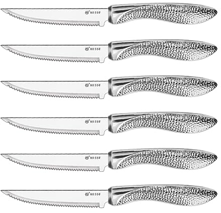 HISSF Serrated Steak Knives, Stainless Steel Sharp Blade Flatware Steak Knives Set of 6, Unique Hammered Pattern Hollowed Handle,4.5 In,For Kitchen Restaurant Tableware, Dishwasher Safe