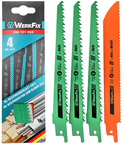 WERKFIX Hojas de sierra de calar/MADE IN GERMANY/: 3 Hoja x Madera y 1x Metal. Juego de 4 hojas de sierra de sable (Bosch, Black Decker, Einhell, Makita, etc.). HCS 150 mm