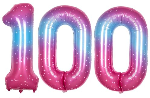 Ponmoo 40 inches Foil Balloons Numbers 100 Pink-Blue Gradient (101cm), Inflatable Helium or Air, Giant Balloon Number 0-9, 10-100, Grand Balloons for Anniversary Wedding Birthday Party Decoration