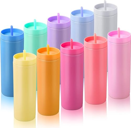 Juego de 10 vasos delgados con tapas y popotes, juego de vasos acrílicos de color pastel mate, tazas de plástico reutilizables de doble pared, botellas de agua para bebidas frías y calientes para